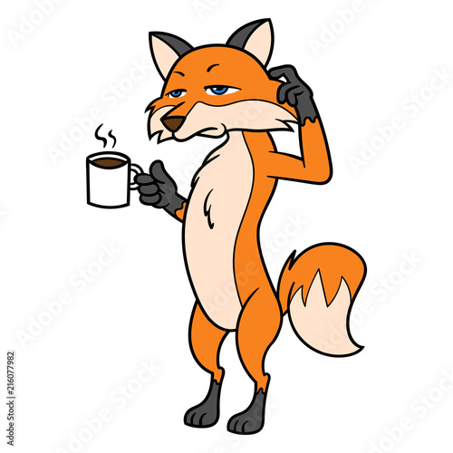 Cartoon Sleepy Fox Character Holding Cup of Coffee