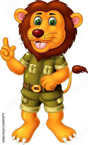 funny lion cartoon standing with smile and pointing finger on white background