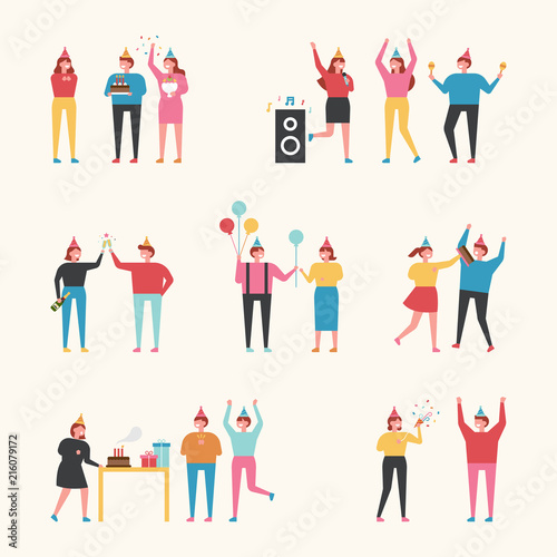 birthday celebration party people. flat design style vector graphic illustration set