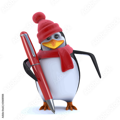 Vector 3d Winter penguin has a new pen to write with