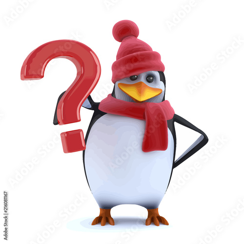Vector 3d Christmas penguin has a question for you