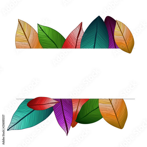 Vector colored leaves with degrade effect on white paper background. Foliage frame.