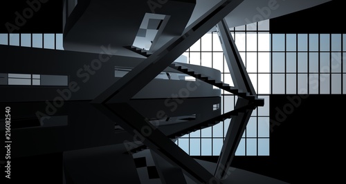 Abstract white and black interior multilevel public space with window. 3D illustration and rendering.