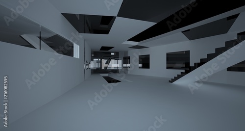 Abstract white and black interior multilevel public space with window. 3D illustration and rendering.