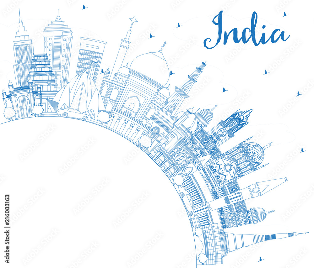 Outline India City Skyline with Blue Buildings and Copy Space.
