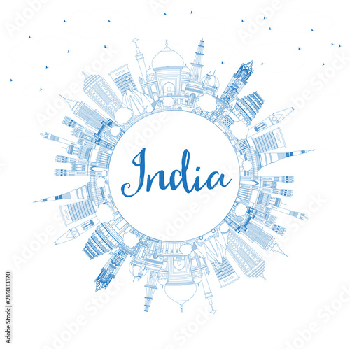 Outline India City Skyline with Blue Buildings and Copy Space.