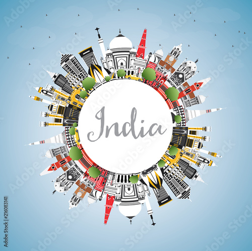 India City Skyline with Color Buildings, Blue Sky and Copy Space.