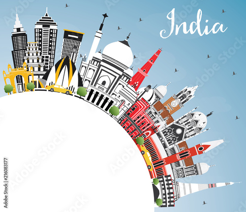 India City Skyline with Color Buildings, Blue Sky and Copy Space.
