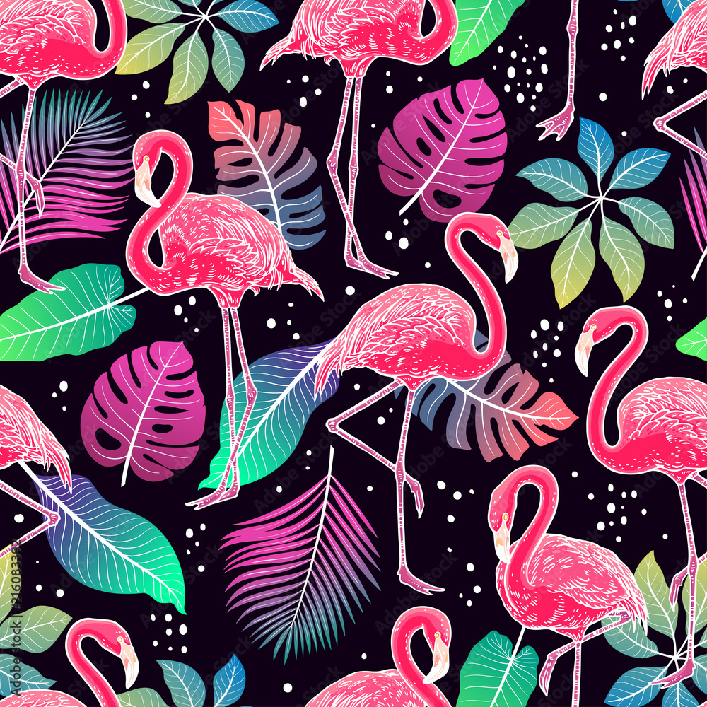 Obraz premium flamingos and palm leaves