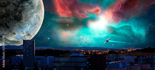 Sci-fi city with nebula, pl...
