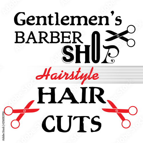 Colorful background with various scissors and the text gentlemen`s barber shop, haircuts, written with various letters