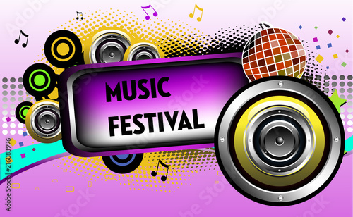Colorful illustration with yellow loudspeakers and a purple frame with the text music festival written in black