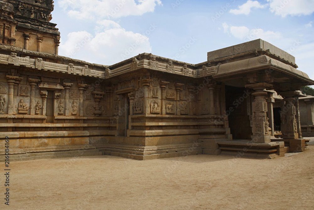 Side, south, porch of the ardhamandapa and the outer wall of the main shrine, Hazara Rama Temple. Royal Center or Royal Enclosure. Hampi, Karnataka. South west view.
