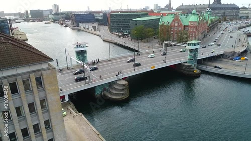 Drone shot over bridge and canals in center city Copenhagen photo