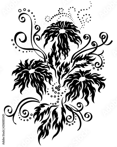 Three black fantasy flowers with pattern