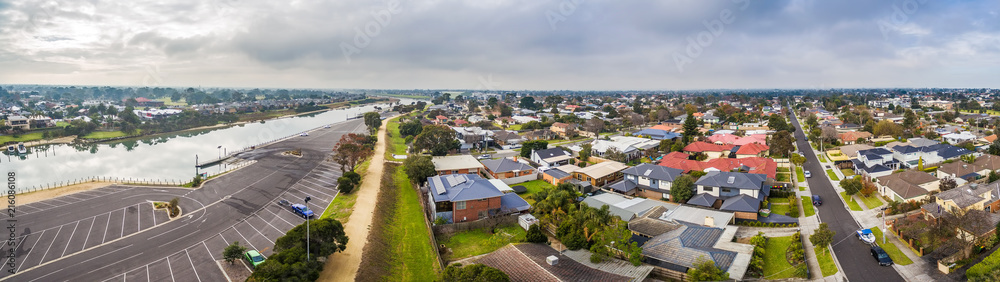 Wide aerial panorama of Carrum suburb and Patterson River. Mornington Peninsula, Melbourne, Australia