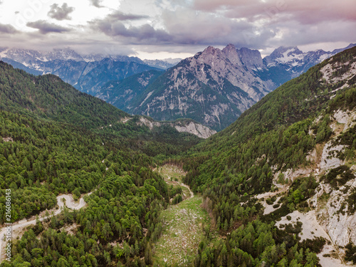 Aerial drone view over valley in Julian Alps,Slovenia