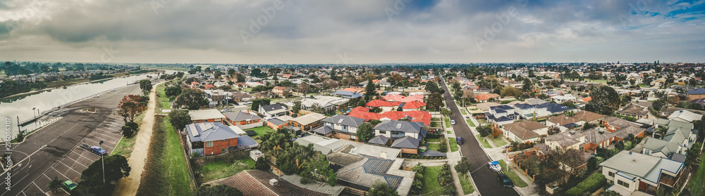 Aerial panorama of Patterson River and urban area. Carrum, Melbourne, Australia