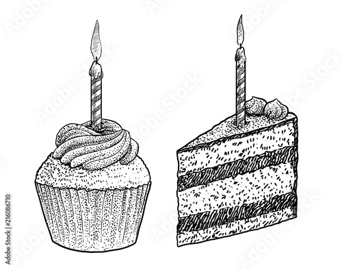 Piece of cake and muffin with candle illustration, drawing, engraving, ink, line art, vector