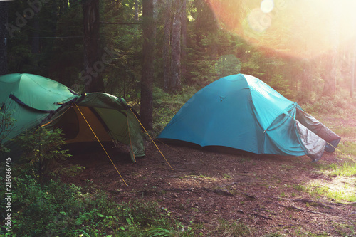 Camping in the forest. The concept of outdoor activities.
