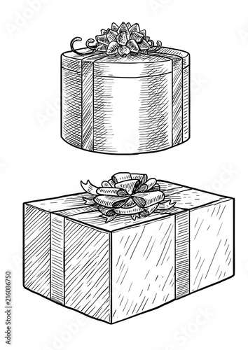 Gift box illustration, drawing, engraving, ink, line art, vector