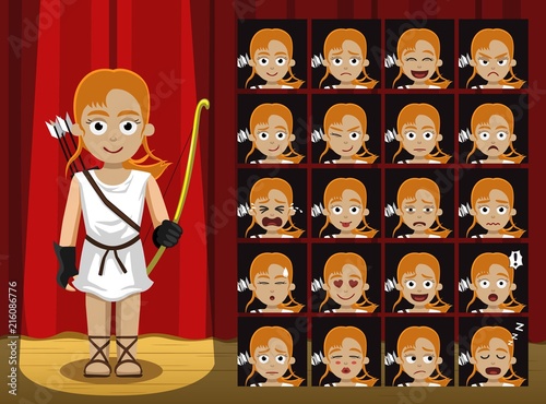 Greek Gods Artemis Costume Cartoon Emotion faces Vector Illustration