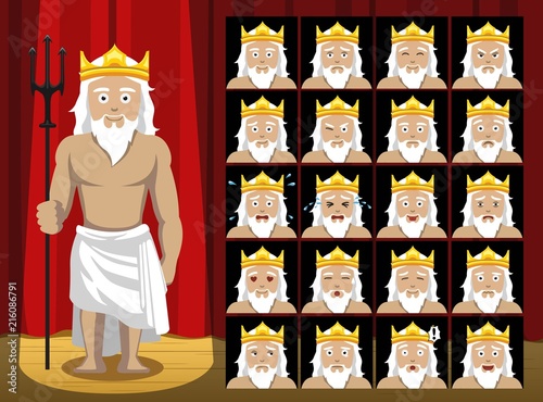Greek Gods Poseidon Costume Cartoon Emotion faces Vector Illustration