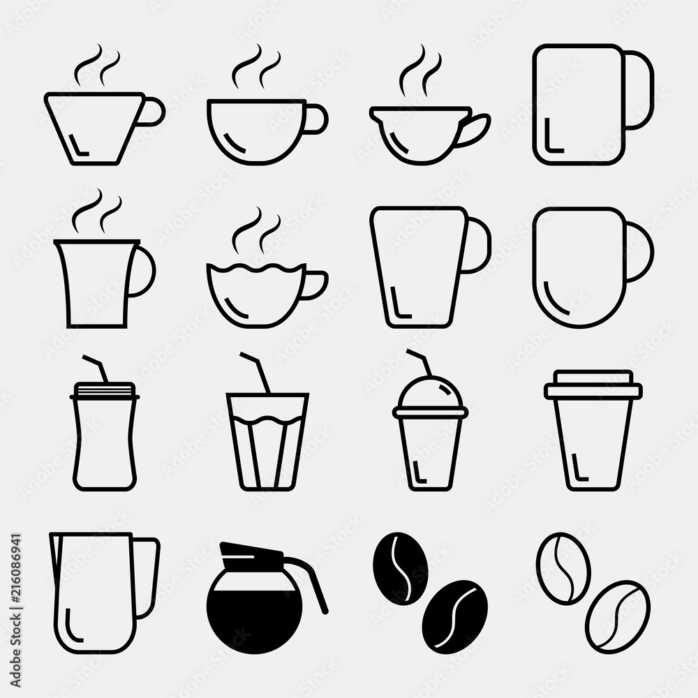 coffee cup and mug icons, simple plain flat outline style symbol - vector illustration