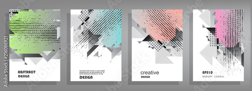 Covers templates set with graphic geometric elements. Applicable for brochures, posters, covers and banners. Vector illustrations.