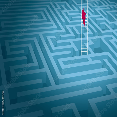 Business concept design. Businessman walks out of the maze from the ladder.
