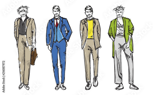 Fashion man. Set of fashionable men's sketches on a white background. Spring men.
