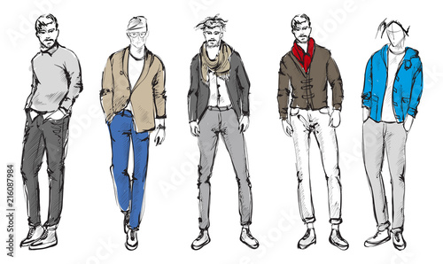 Fashion man. Set of fashionable men's sketches on a white background. Spring men.