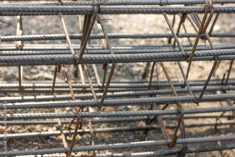 Reinforcing steel bars for building structure at construction site.