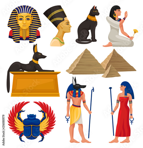 Cultural elements of ancient Egypt. Pharaoh and queen, sacred animals, Egyptian pyramids and people. Flat vector set