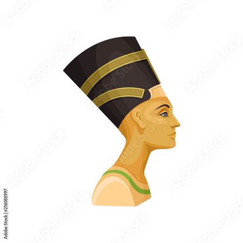 Portrait of Nefertiti. Queen of ancient Egypt. Wife of Egyptian pharaoh. Flat vector for promo poster or banner of travel agency