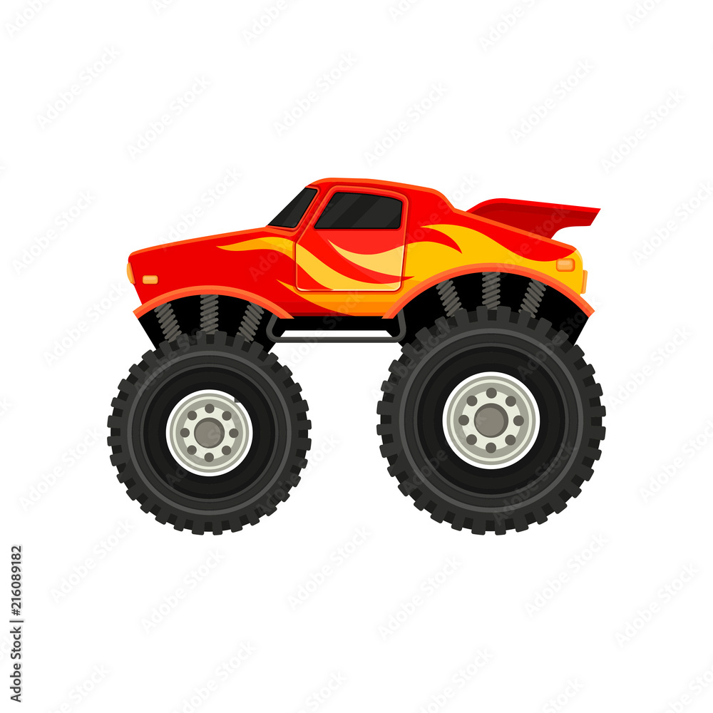 Flat vector icon of red monster truck with yellow-orange flame decal. Car with large tires, spoiler and black tinted windows