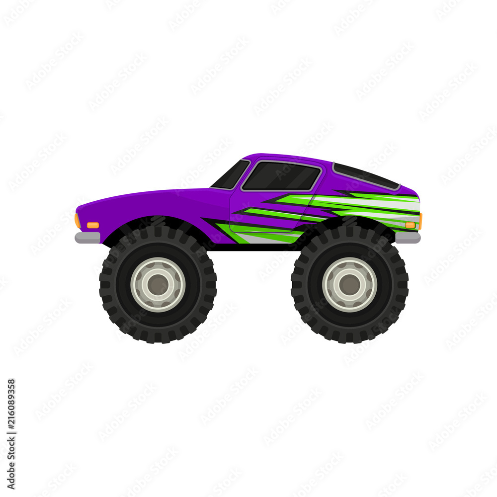 Flat vector icon of purple monster truck. Cartoon icon of car with large tires, black tinted windows and green decal. Extreme transport Flat vector icon of purple monster truck. Cartoon icon of car with large tires, black tinted windows and green decal. Extreme transport