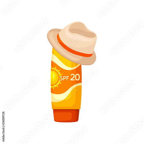 Bright orange plastic tube of sunscreen and brown hat. Lotion for skin protection. Solar defense. Cosmetic product. Flat vector icon