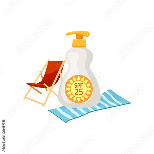 Sunscreen bottle with dispenser, beach chaise-longue and carpet. Cosmetic product for skin protection. Flat vector icon