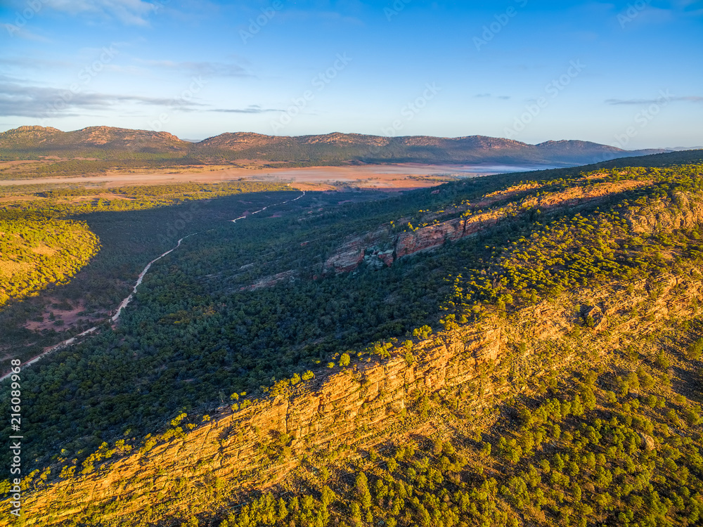Aerial landscape of South Australian outback at sunset