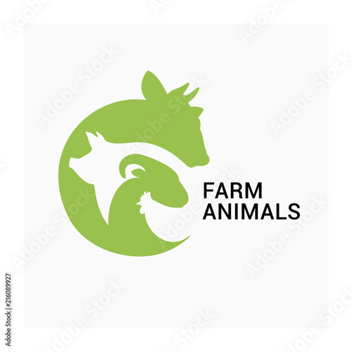 Farm animals logo, farmers market vector icon, animal husbandry logo. Vector group of agricultural animals. Сow, pig, sheep, ram, chicken.