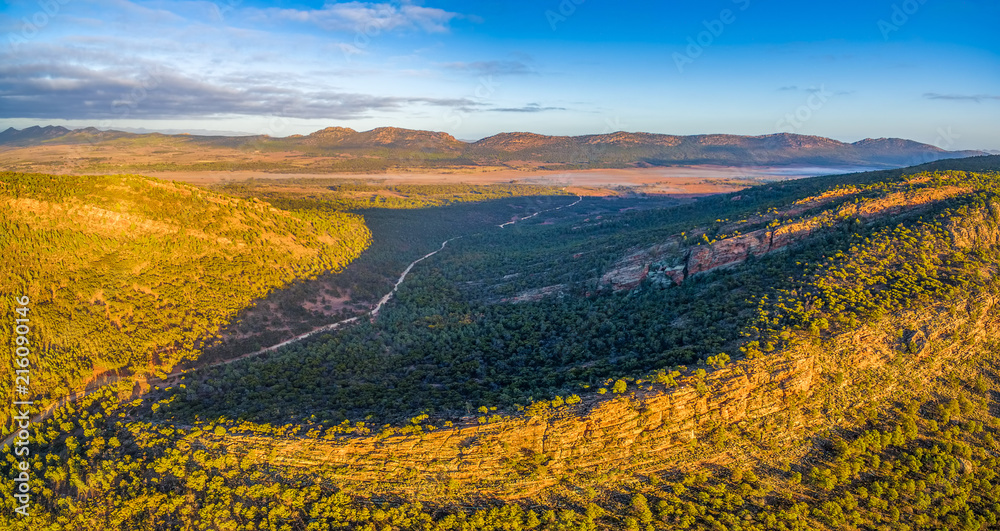 Aerial panorama of South Australian outback at sunset. Hawker, Flinders Ranges, South Australia.