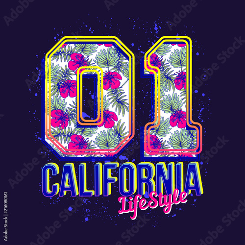 California lifestyle vector print for t-shirt. Number one t-shirt design with lettering and abstract shapes. Number 01 with floral print sport logo. California fashion illustration on color background