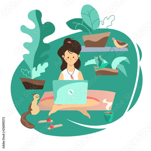 Freelancer and notebook. Working at computer in nature. Workplace in the park. Picnic in the garden. Summer, girl and cat. Green grass, bushes and a dove.
