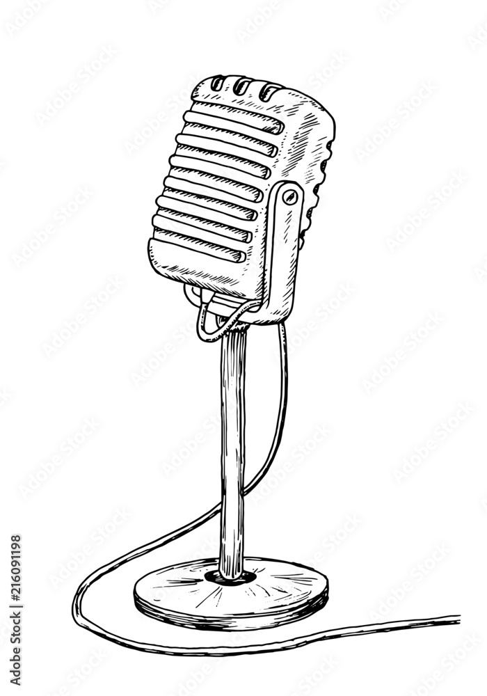 Old style microphone drawing - vintage like illustration of sound mic on  white background. Stock Vector | Adobe Stock