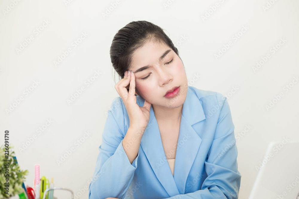 Business woman with stress or migraine in work time, office sydrome. Business woman with stress or migraine in work time, office sydrome.