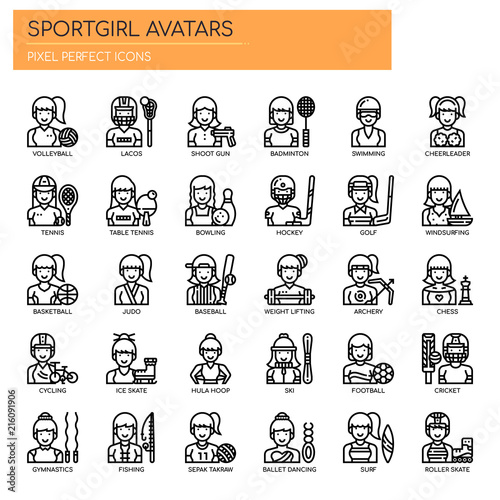 Sportgirl Avatars , Thin Line and Pixel Perfect Icons