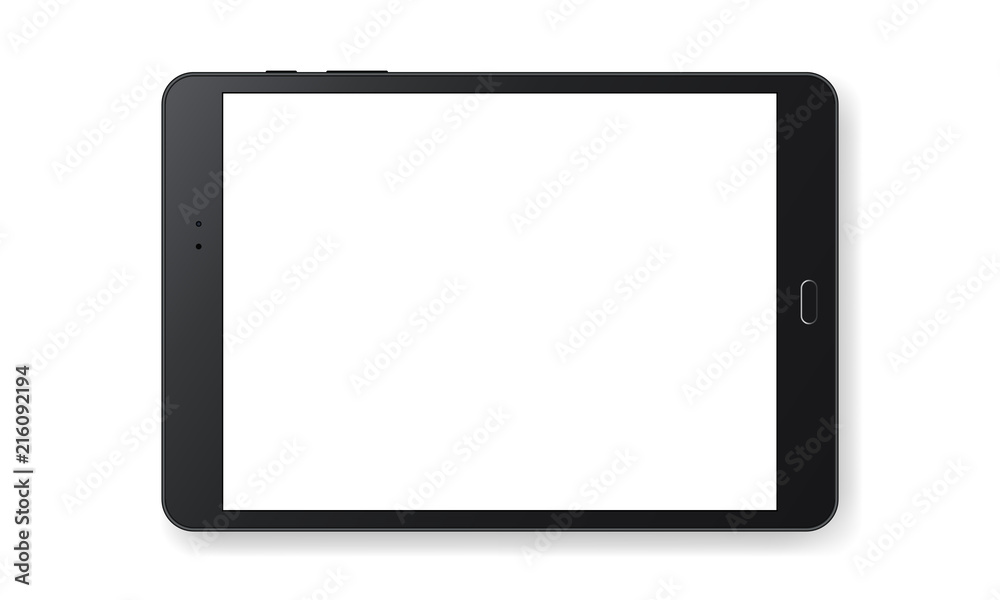 Horizontal black tablet computer mockup isolated on white background - front view. Vector illustration - obrazy, fototapety, plakaty 