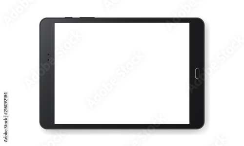 Horizontal black tablet computer mockup isolated on white background - front view. Vector illustration