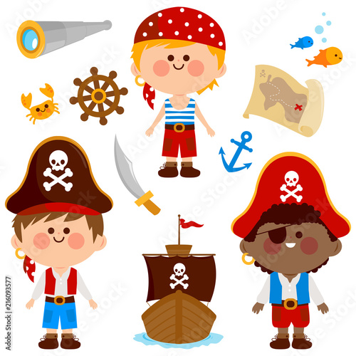Pirate boys with a pirate ship. Vector illustration set